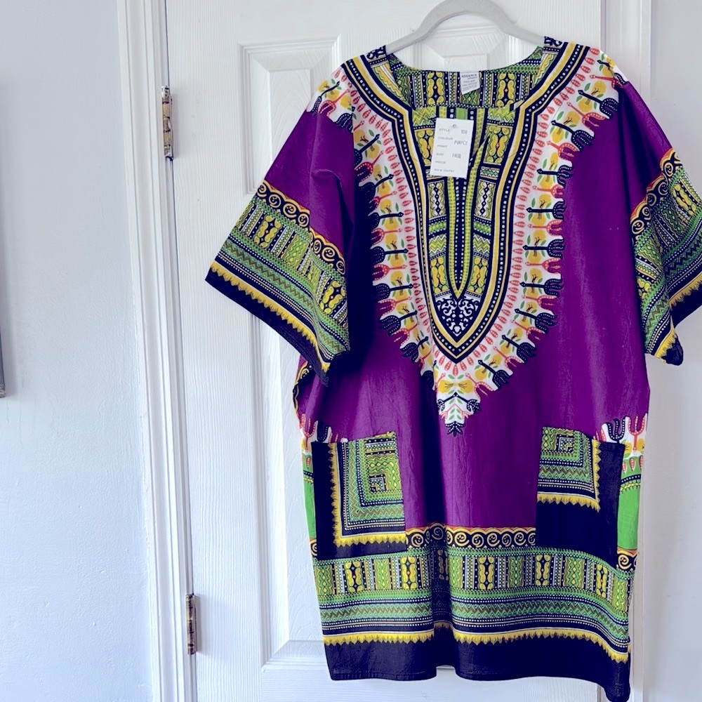 African Purple and Green Dashiki Top 100% Cotton Pullover Size One Size